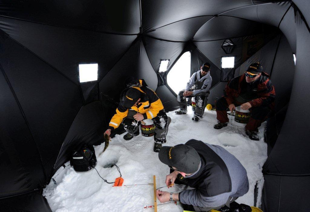 ice fishing in frabill shelter