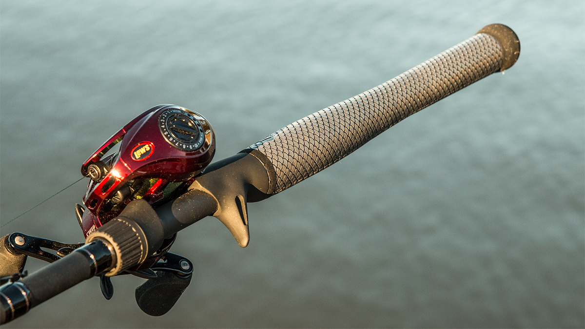 the handle of a bass fishing rod