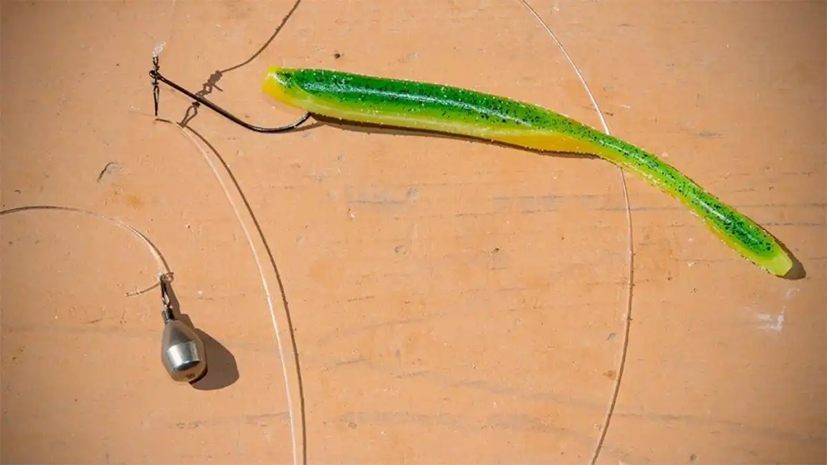 Complete drop shot rig with line, hook, bait, and weight tied to the leader