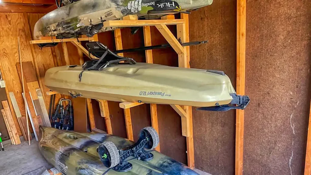 kayak wall rack in a garage