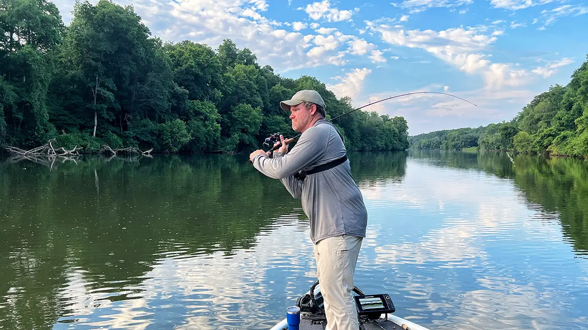 angler Shaye Baker on a boat mid-cast with a St. Croix rod and Seviin GS series reel