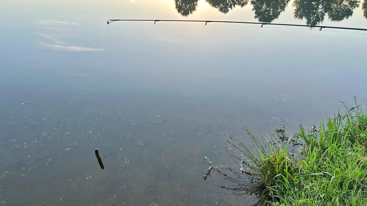 St. Croix mojo bass trigon rod letting line out with a ned rig over the water