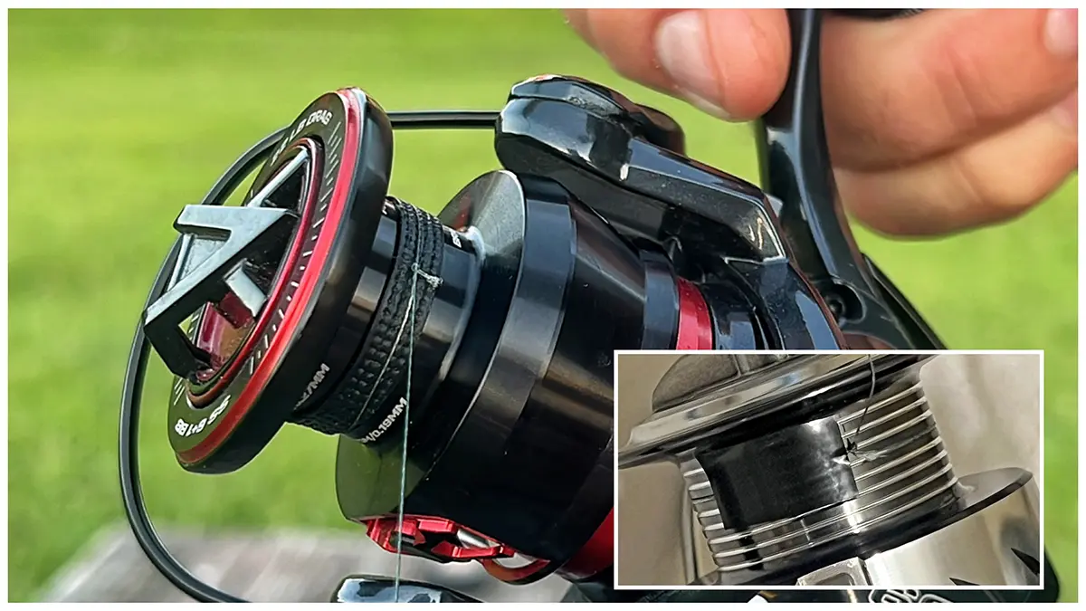 Step 3: two photos - close up of Seviin GS Series spinning reel and of the spool with line taped to it