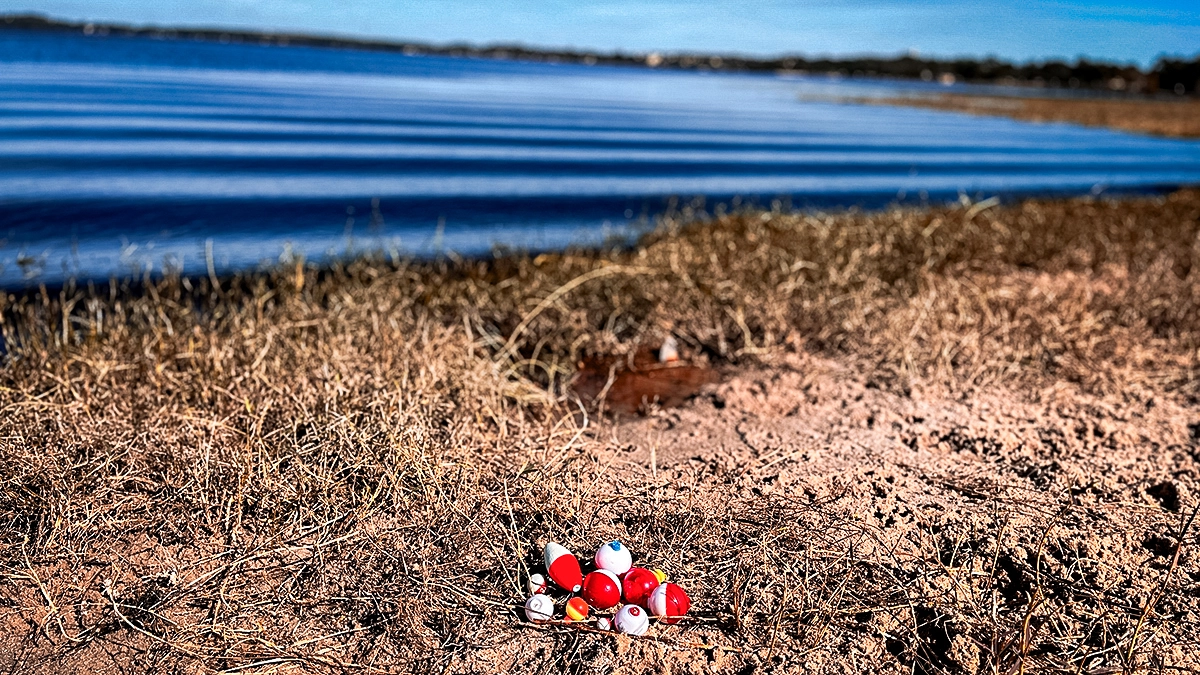 bobbers on the shore of a lake