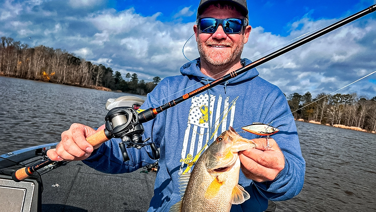 lipless crankbait hooked on a bass with rod and reel