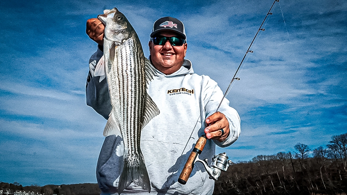 man holding up holdover stripes bass and rod