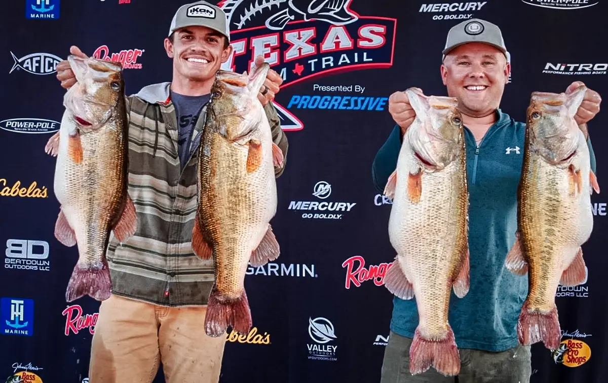 Riley Harris and Luke Potter holding their huge bass on the Texas Team Trail Sam Rayburn