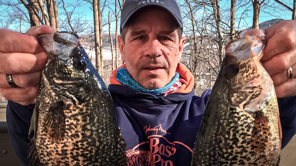 man holding two panfish in wooded area