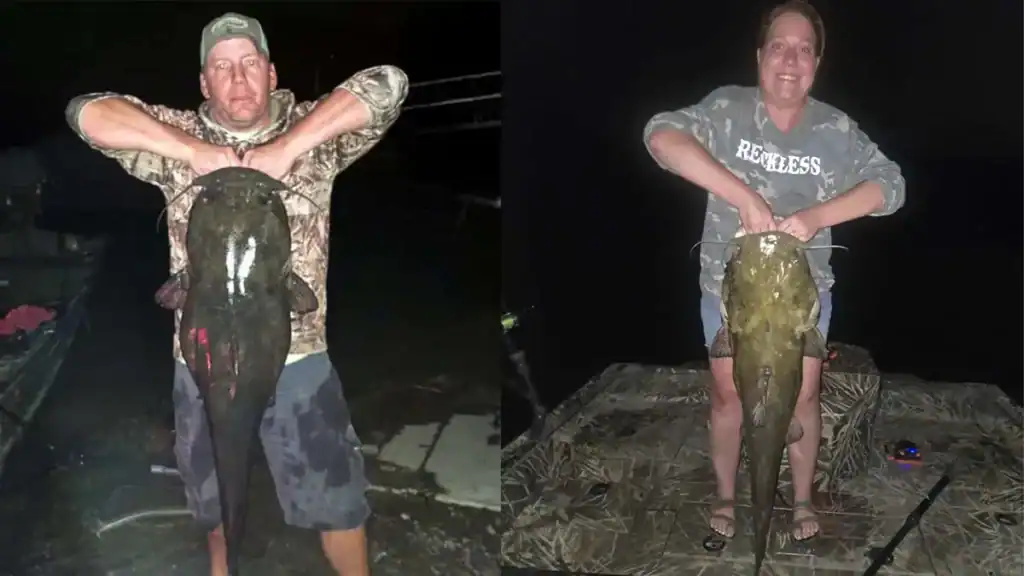Brandi and Jared Holt with record catfish