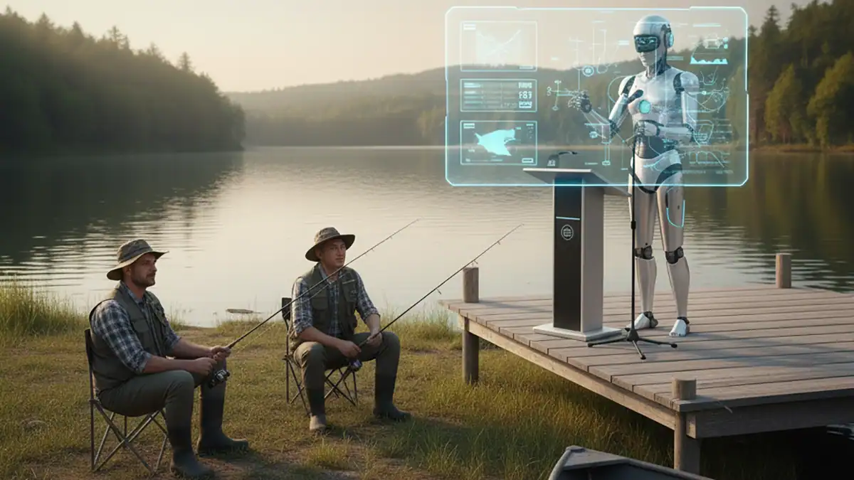 Illustration of AI Bot giving fishing lessons
